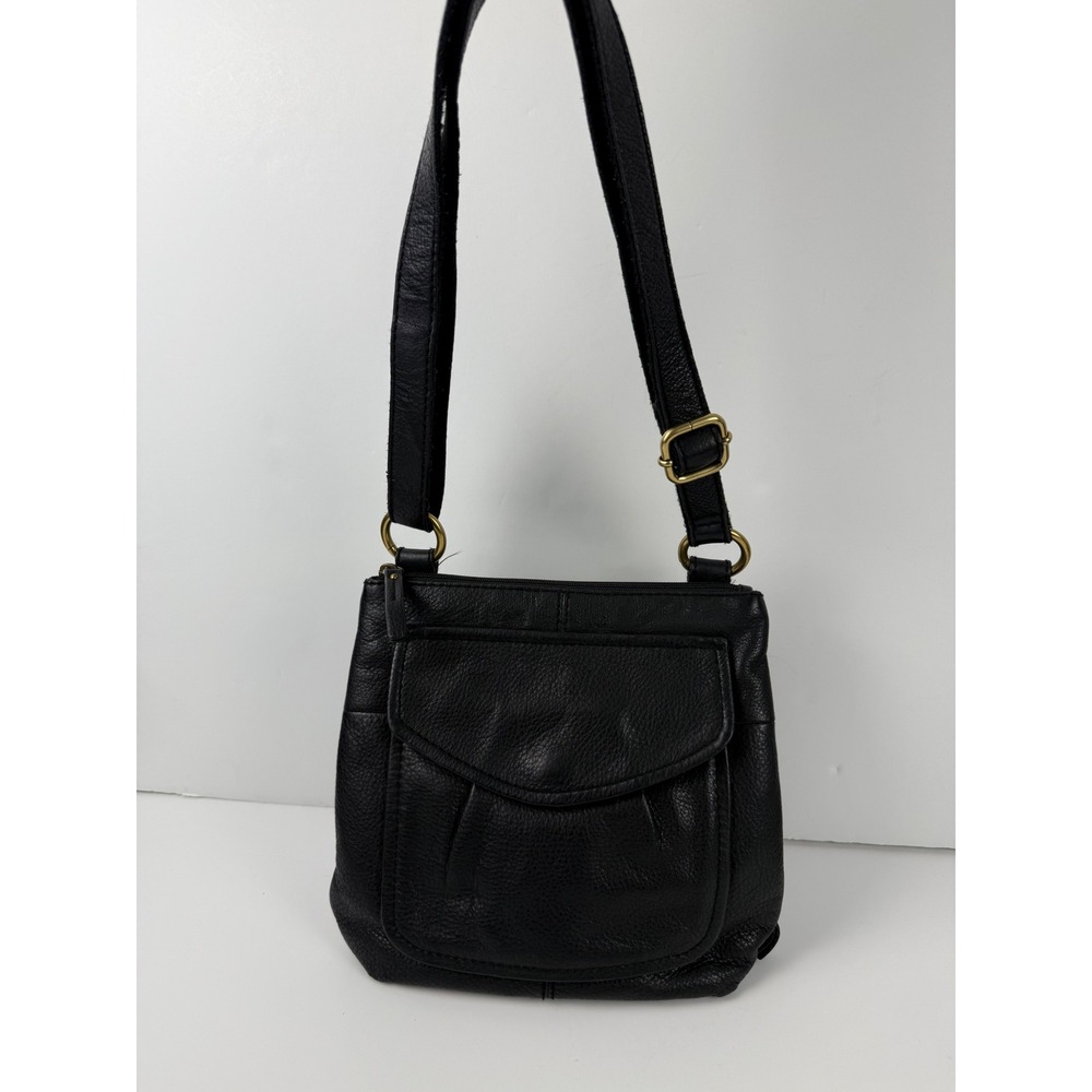 Fossil Black Pebbled Leather Crossbody Bag Organizer Antique Brass Hardware